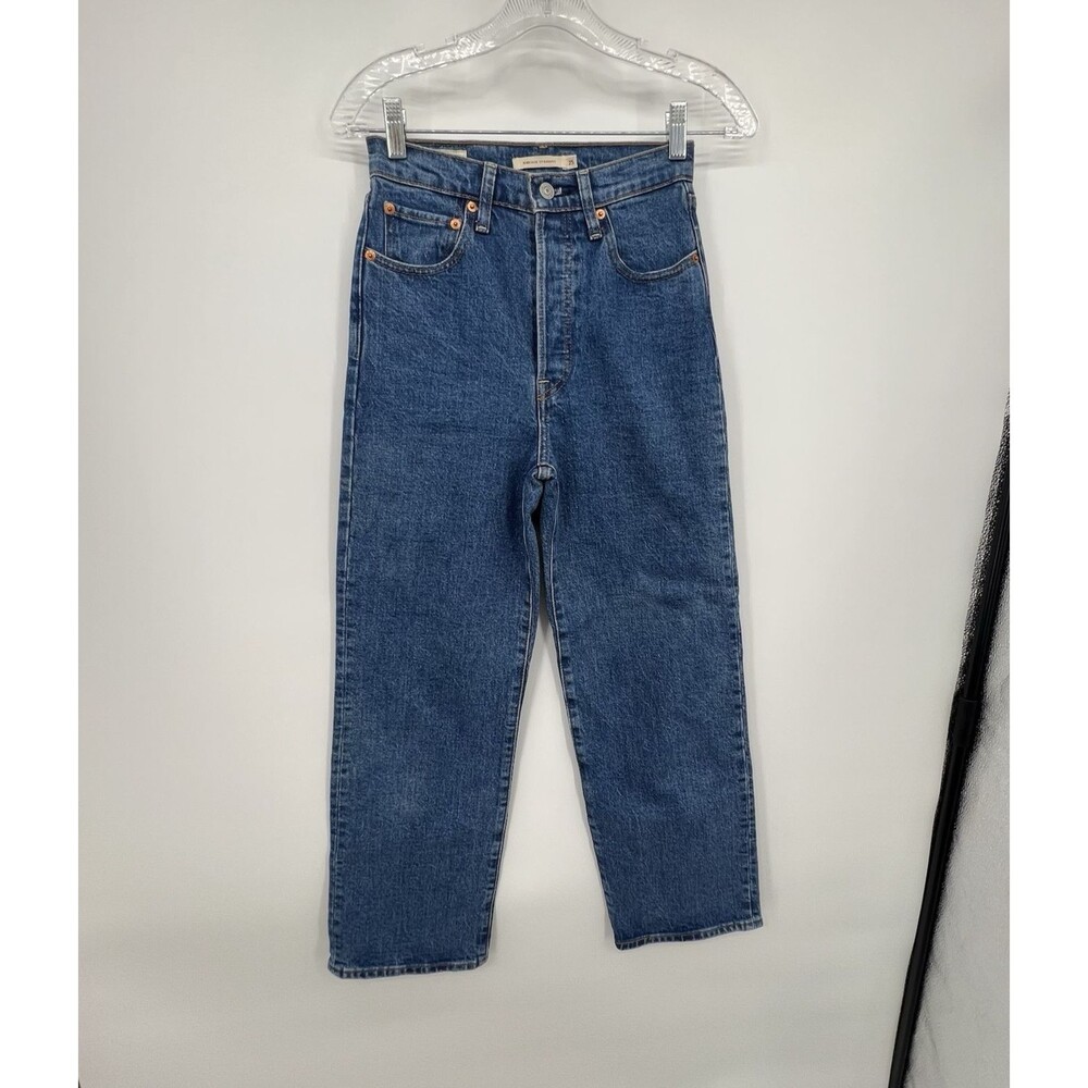 Levis Premium Ribcage Straight Ankle Button Fly Jeans Sz 25 x 27 High Rise Blue